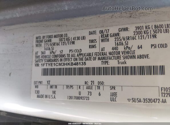 1FTYE1CM3HKB48135 2017 FORD TRANSIT-150 White Engine compartment view