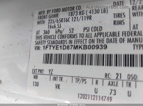 1FTYE1D87MKB00939 2021 FORD TRANSIT White Շարժիչի բաժամունքի տեսք