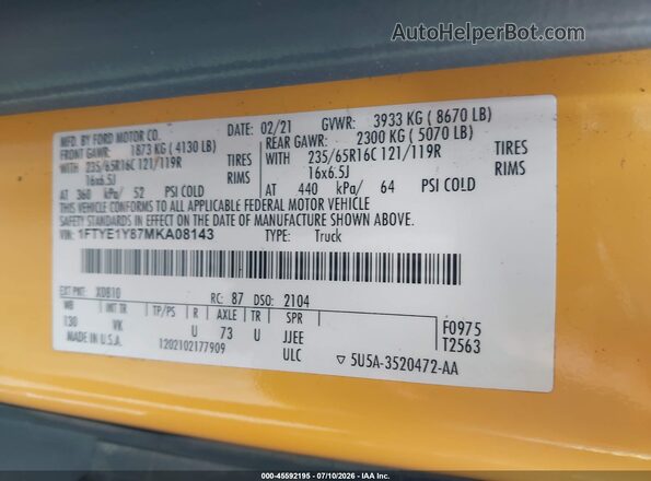 1FTYE1Y87MKA08143 2021 FORD TRANSIT-150 Yellow Engine compartment view