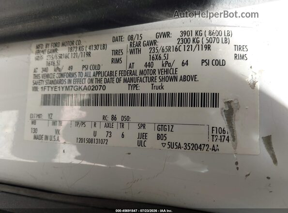 1FTYE1YM7GKA02070 2016 FORD TRANSIT-150 White Vista del compartimento del motor