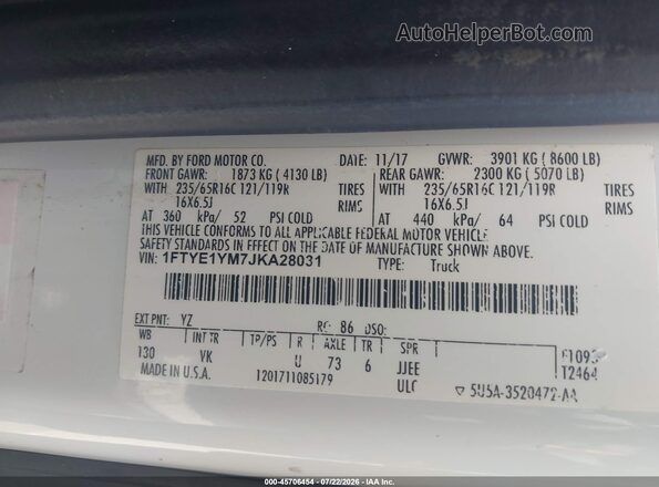 1FTYE1YM7JKA28031 2018 FORD TRANSIT-150 White Вид підкапотного простору