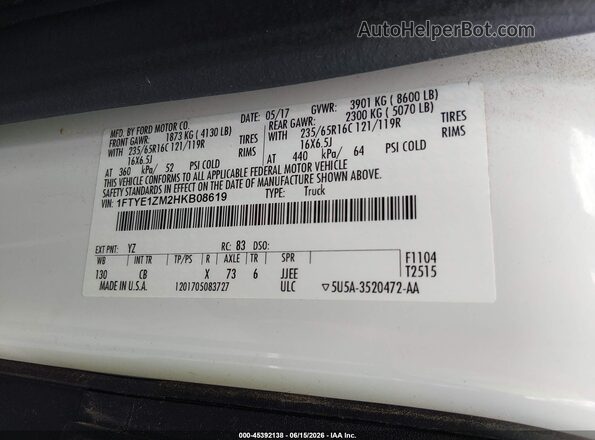 1FTYE1ZM2HKB08619 2017 FORD TRANSIT-150 White Շարժիչի բաժամունքի տեսք