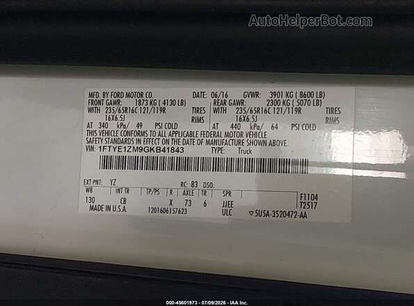 1FTYE1ZM9GKB41843 2016 FORD TRANSIT-150 Белый Вид подкапотного пространства