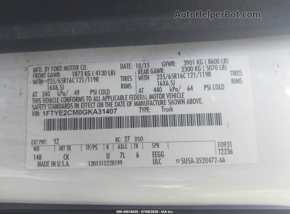1FTYE2CM0GKA31407 2016 FORD TRANSIT-150 White Вид підкапотного простору