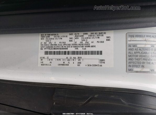 1FTYE2CMXKKB49490 2019 FORD TRANSIT-150 White Вид підкапотного простору