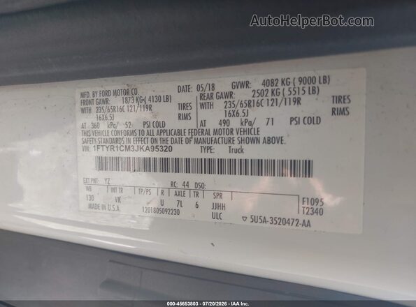 1FTYR1CM3JKA95320 2018 FORD TRANSIT-250 White Engine compartment view