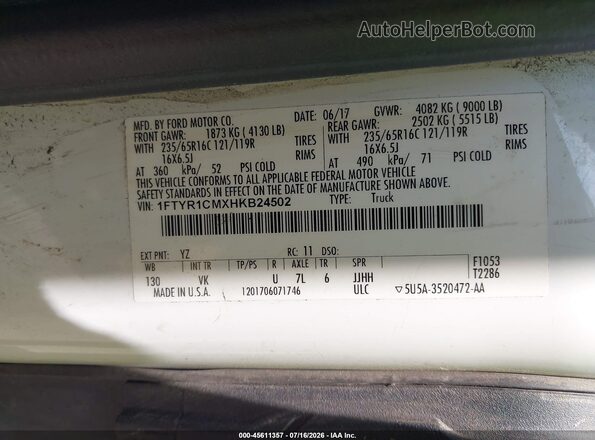 1FTYR1CMXHKB24502 2017 FORD TRANSIT-250 White Вид підкапотного простору