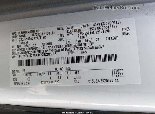 1FTYR1CMXKKB28525 2019 FORD TRANSIT-250 White Widok komory silnika