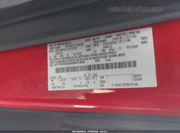 1FTYR1DG3KKB31050 2019 FORD TRANSIT-250 Red ძრავის განყოფილების ხედი