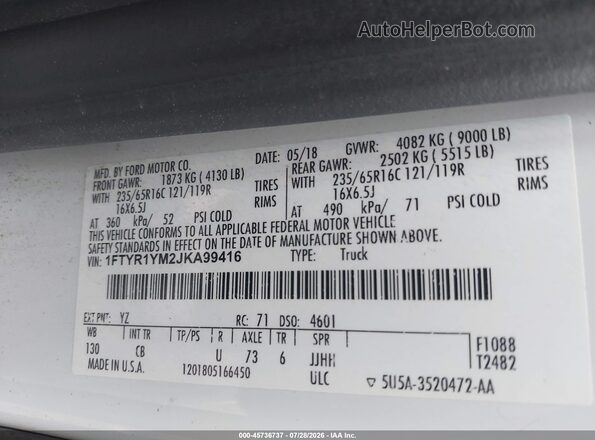 1FTYR1YM2JKA99416 2018 FORD TRANSIT-250 White Vista del compartimento del motor