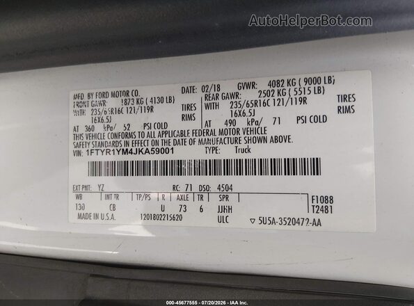 1FTYR1YM4JKA59001 2018 FORD TRANSIT-250 White Engine compartment view