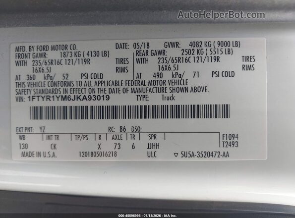 1FTYR1YM6JKA93019 2018 FORD TRANSIT-250 White Вид підкапотного простору