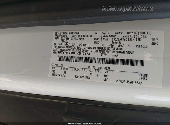 1FTYR1YM6JKB17173 2018 FORD TRANSIT-250 White ძრავის განყოფილების ხედი