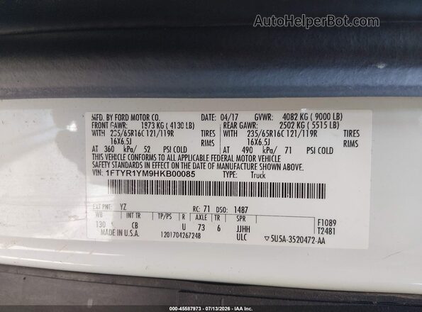 1FTYR1YM9HKB00085 2017 FORD TRANSIT-250 White Vista del compartimento del motor