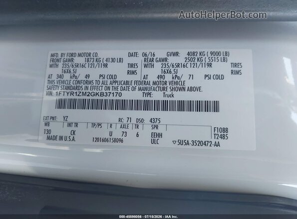 1FTYR1ZM2GKB37170 2016 FORD TRANSIT-250 White Вид підкапотного простору