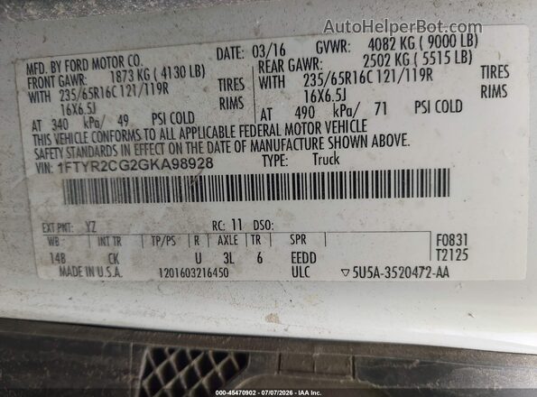 1FTYR2CG2GKA98928 2016 FORD TRANSIT-250 White Engine compartment view