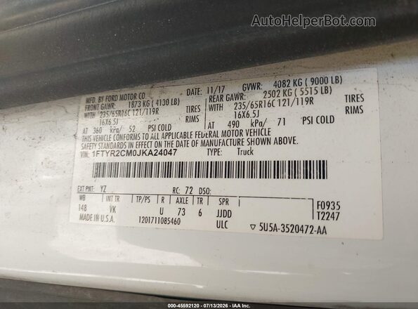 1FTYR2CM0JKA24047 2018 FORD TRANSIT-250 White Вид підкапотного простору