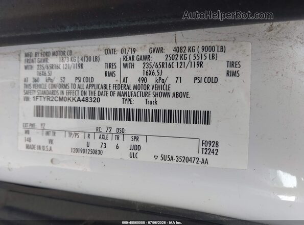 1FTYR2CM0KKA48320 2019 FORD TRANSIT-250 White Widok komory silnika