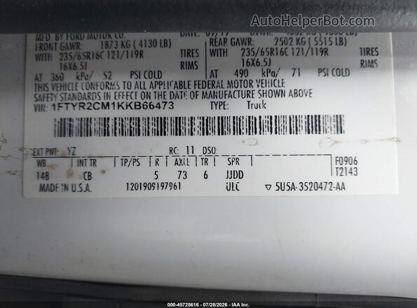 1FTYR2CM1KKB66473 2019 FORD TRANSIT-250 White ძრავის განყოფილების ხედი