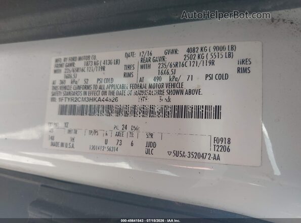 1FTYR2CM3HKA44626 2017 FORD TRANSIT-250 White Շարժիչի բաժամունքի տեսք