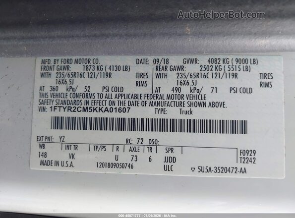 1FTYR2CM5KKA01607 2019 FORD TRANSIT-250 White Widok komory silnika
