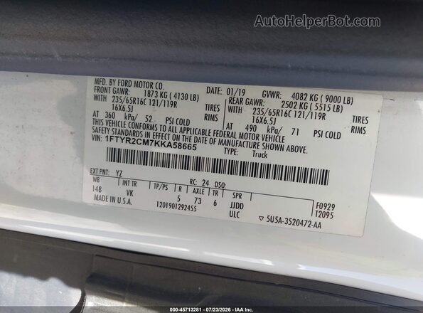 1FTYR2CM7KKA58665 2019 FORD TRANSIT-250 White Вид підкапотного простору