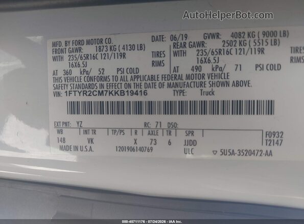 1FTYR2CM7KKB19416 2019 FORD TRANSIT-250 White Widok komory silnika