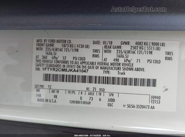 1FTYR2CM8JKA41047 2018 FORD TRANSIT-250 White Vista del compartimento del motor