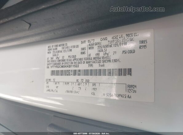 1FTYR2CMXKKB11522 2019 FORD TRANSIT-250 White Vista del compartimento del motor