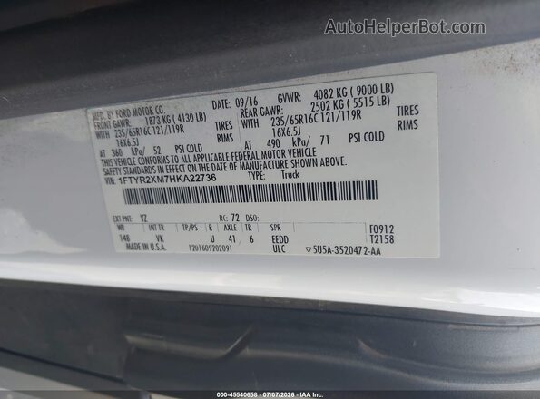 1FTYR2XM7HKA22736 2017 FORD TRANSIT-250 White ძრავის განყოფილების ხედი