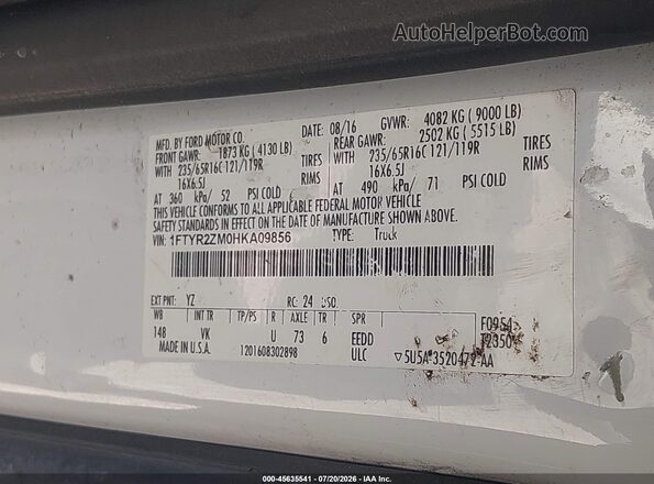 1FTYR2ZM0HKA09856 2017 FORD TRANSIT-250 White ძრავის განყოფილების ხედი