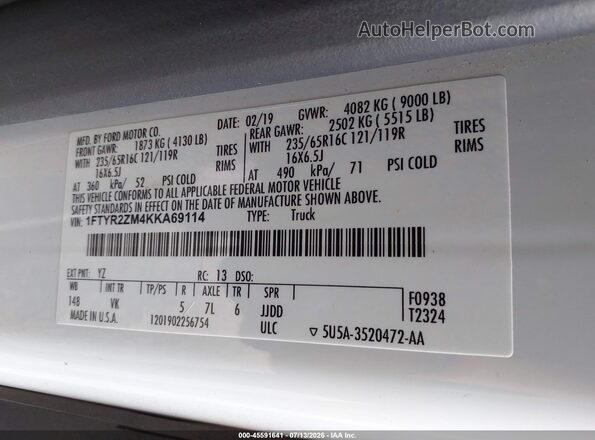 1FTYR2ZM4KKA69114 2019 FORD TRANSIT-250 White Widok komory silnika