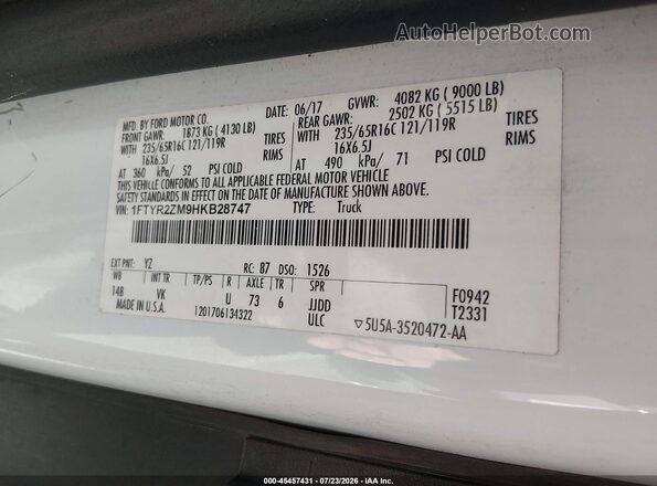 1FTYR2ZM9HKB28747 2017 FORD TRANSIT-250 White Вид підкапотного простору