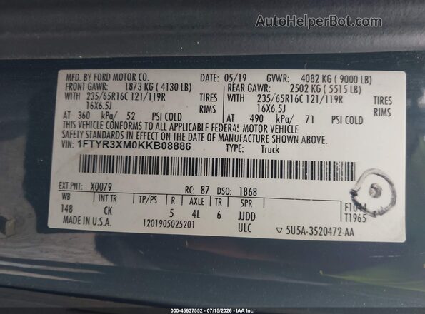 1FTYR3XM0KKB08886 2019 FORD TRANSIT-250 Gray ძრავის განყოფილების ხედი