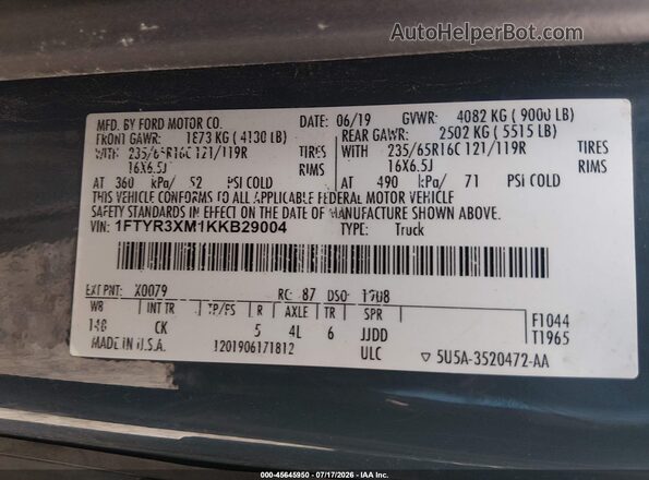 1FTYR3XM1KKB29004 2019 FORD TRANSIT-250 Blue Вид підкапотного простору
