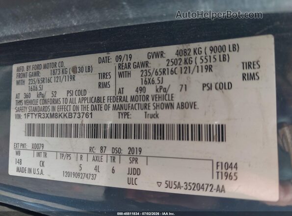 1FTYR3XM8KKB73761 2019 FORD TRANSIT-250 Gray ძრავის განყოფილების ხედი