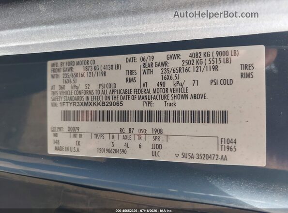 1FTYR3XMXKKB29065 2019 FORD TRANSIT-250 Dark Blue Widok komory silnika