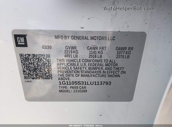 1G1105S31LU113793 2020 CHEVROLET IMPALA Белый Вид подкапотного пространства