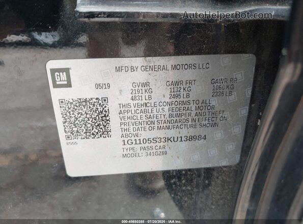 1G1105S33KU138984 2019 CHEVROLET IMPALA Black Widok komory silnika
