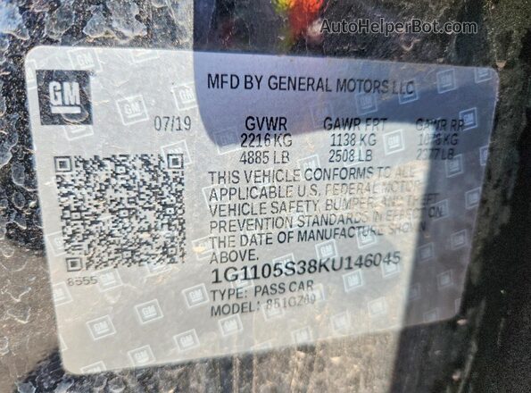 1G1105S38KU146045 2019 CHEVROLET IMPALA Black Widok naklejki z numerem VIN