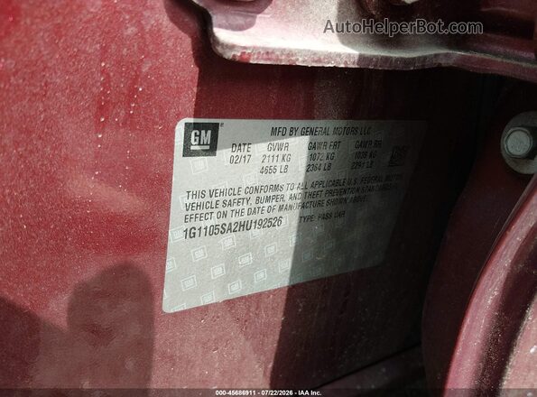1G1105SA2HU192526 2017 CHEVROLET IMPALA Red Շարժիչի բաժամունքի տեսք