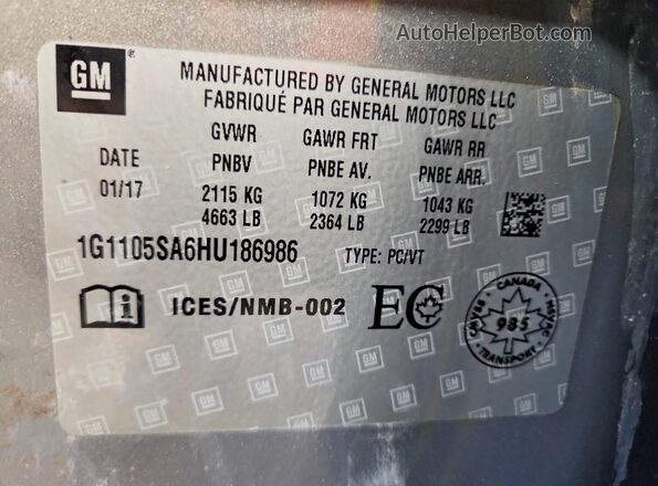 1G1105SA6HU186986 2017 CHEVROLET IMPALA Tan VIN კოდის სტიკერის ხედი