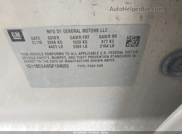 1G11B5SA8GF104589 2016 CHEVROLET MALIBU Beige Vista del compartimento del motor