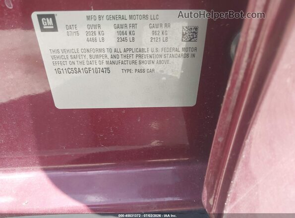 1G11C5SA1GF107475 2016 CHEVROLET MALIBU Burgundy Widok komory silnika