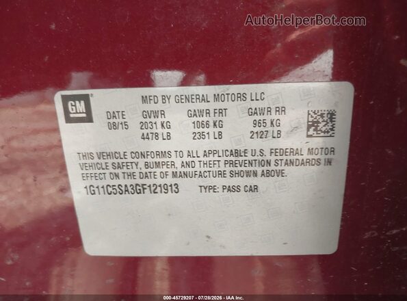 1G11C5SA3GF121913 2016 CHEVROLET MALIBU Red Вид підкапотного простору