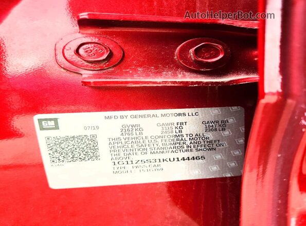 1G11Z5S31KU144465 2019 CHEVROLET IMPALA Red Widok naklejki z numerem VIN