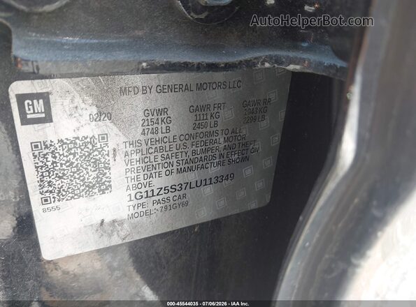 1G11Z5S37LU113349 2020 CHEVROLET IMPALA Black Engine compartment view