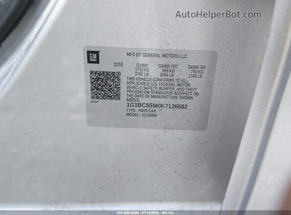 1G1BC5SM0K7126682 2019 CHEVROLET CRUZE Silver Vista del compartimento del motor
