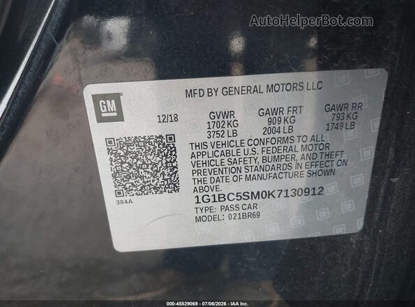 1G1BC5SM0K7130912 2019 CHEVROLET CRUZE Black Շարժիչի բաժամունքի տեսք