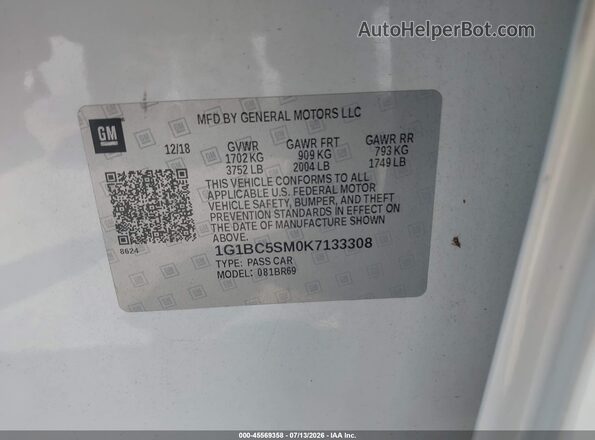 1G1BC5SM0K7133308 2019 CHEVROLET CRUZE White Շարժիչի բաժամունքի տեսք